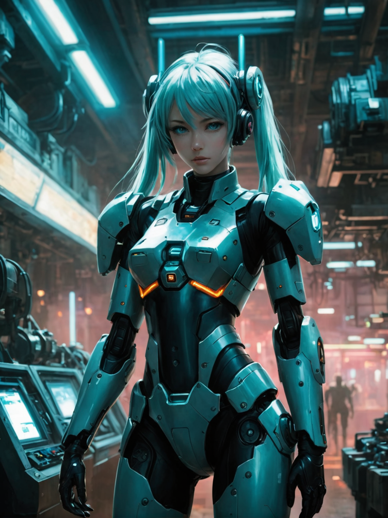 31075362-2084045068-art by Casey Baugh, Hatsune Miku in a mech suit, beautiful eyes, robot, armor, neon light,  (In a futuristic weapons factory_1.2.png